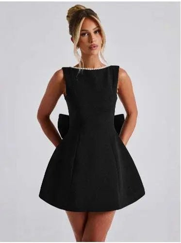Fashion Big-Bowed Pearls Backless Dress Summer Slim Sleeveless A-line Dresses For Party Evening Women's Clothing Black