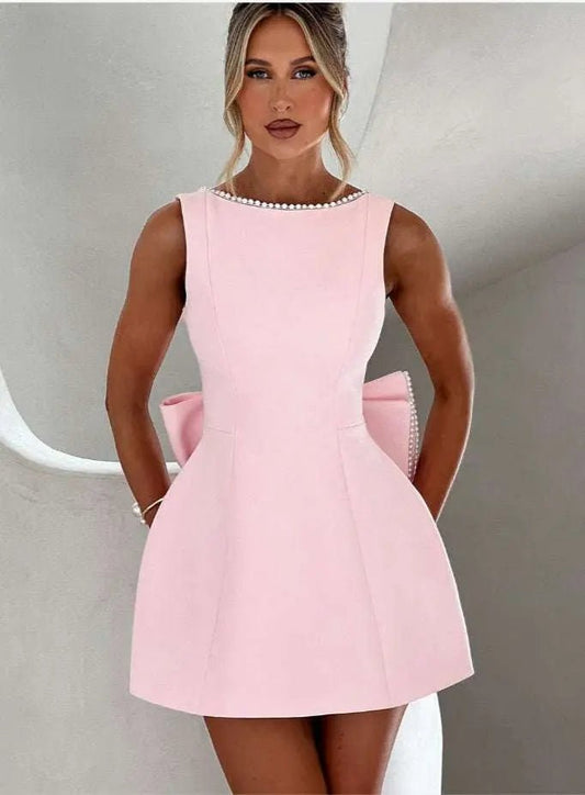 Fashion Big-Bowed Pearls Backless Dress Summer Slim Sleeveless A-line Dresses For Party Evening Women's Clothing Pink