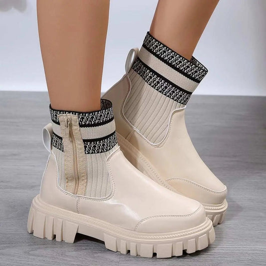 Fashion Mid-tube Boots With Zipper Design Non-slip Thick Sole Elastic Knitted Patchwork Boots For Women Round Toe Shoes Winter Beige