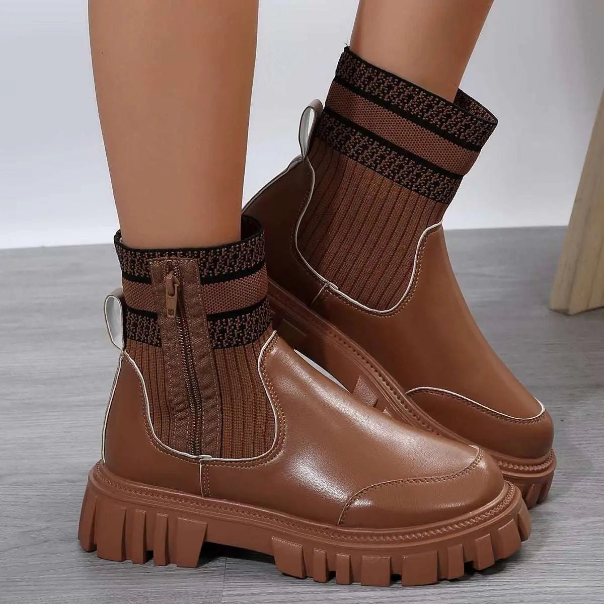 Fashion Mid-tube Boots With Zipper Design Non-slip Thick Sole Elastic Knitted Patchwork Boots For Women Round Toe Shoes Winter Brown