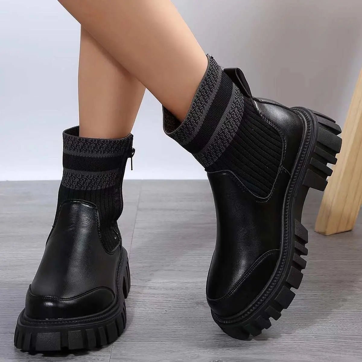 Fashion Mid-tube Boots With Zipper Design Non-slip Thick Sole Elastic Knitted Patchwork Boots For Women Round Toe Shoes Winter Black