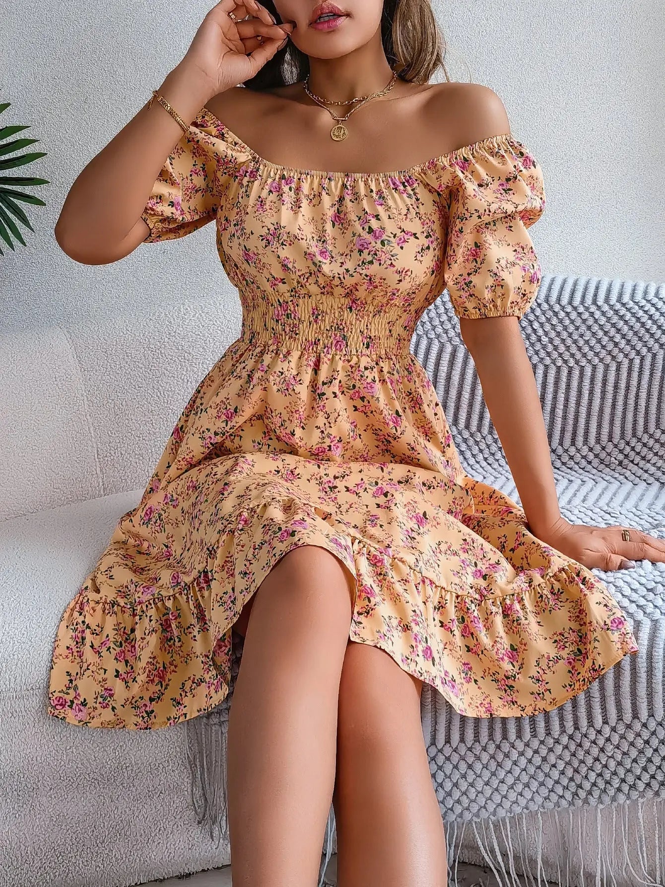 Floral Print Square Collar Dress Summer Fashion Ruffles Dresses Women's Clothing Yellow