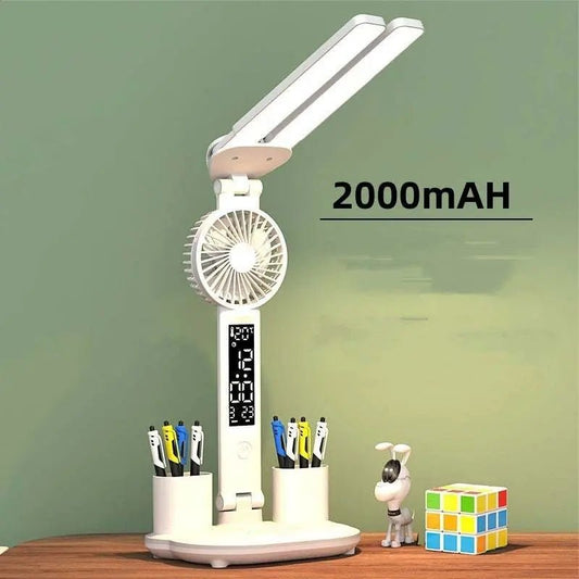 Foldable LED Table Light Eye Protection Multifunction Desk Lamp With Thermometer Calendar Fan Pen Holder Study Reading Fan Light White 2000capacity USB
