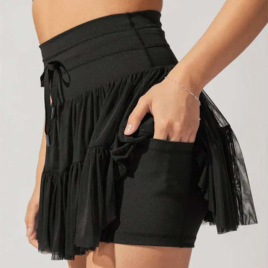 High Waist Dress Lace-up Sports Skirt With Anti-exposure Safety Pants Summer Fashion Pleated Skirt Womens Clothing Black