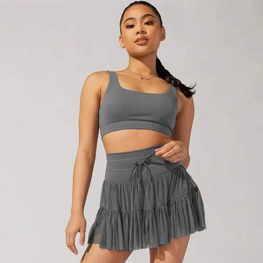High Waist Dress Lace-up Sports Skirt With Anti-exposure Safety Pants Summer Fashion Pleated Skirt Womens Clothing Dark Gray