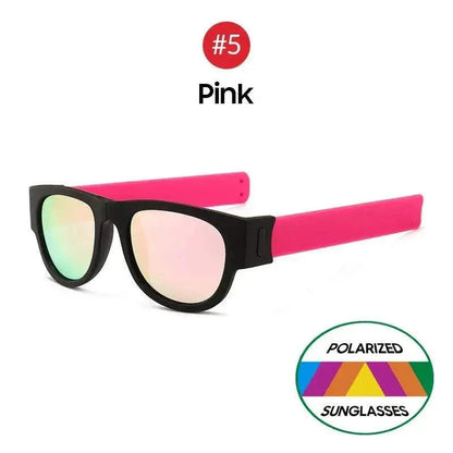 Pink foldable polarized sunglasses with black frame and mirrored lenses, labeled #5.