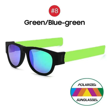 Green and blue-green polarized sunglasses with black frame, neon green arms, product label #8.