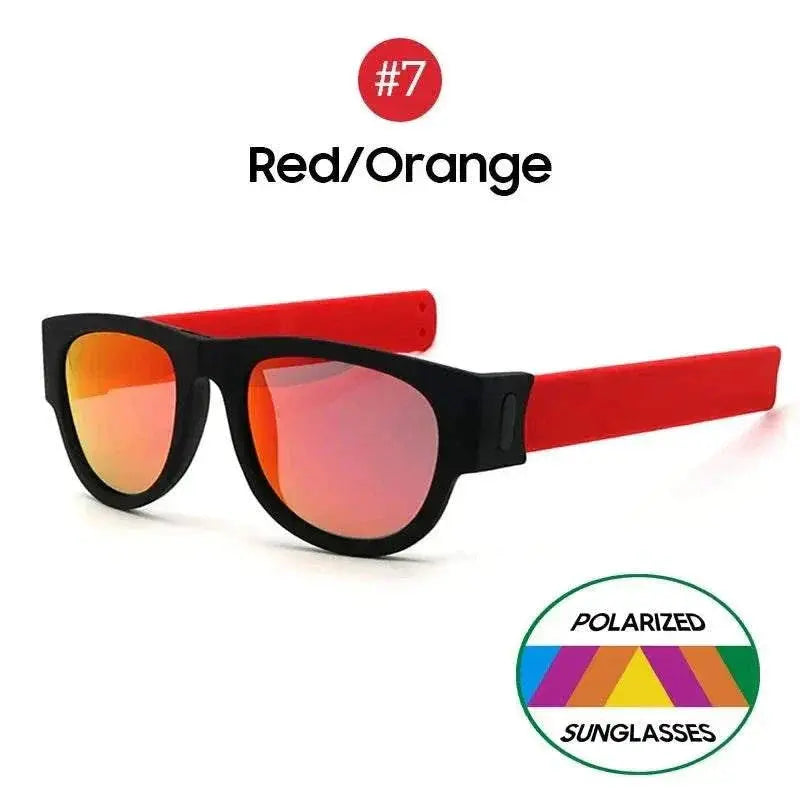 Red orange polarized sunglasses with black frame and red arms, labeled #7 for sports and driving.