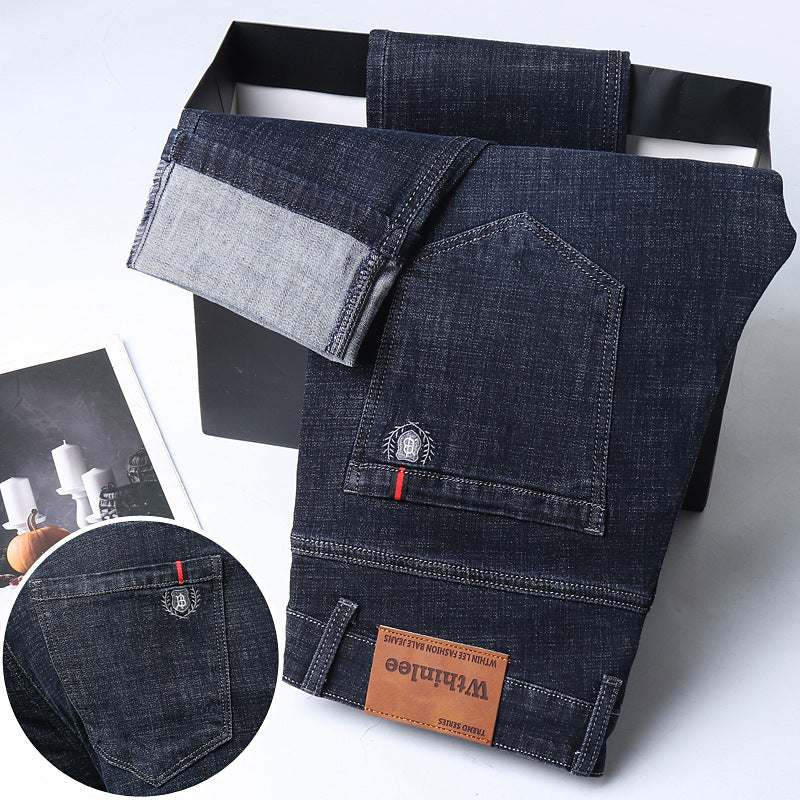 Jeans Men's Straight Loose Casual Pants Fleece-lined Thickened Men's Pants 9028 Blue Gray Thick