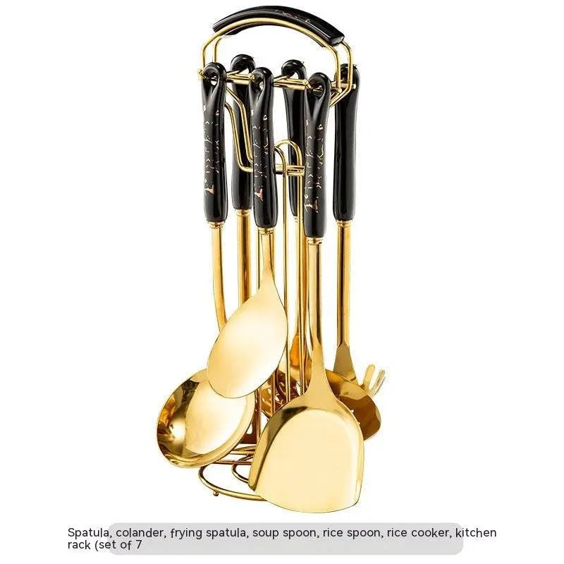 Light Luxury Kitchenware Cooking Seven-piece Ceramic Handle Stainless Steel Kitchen Supplies Black