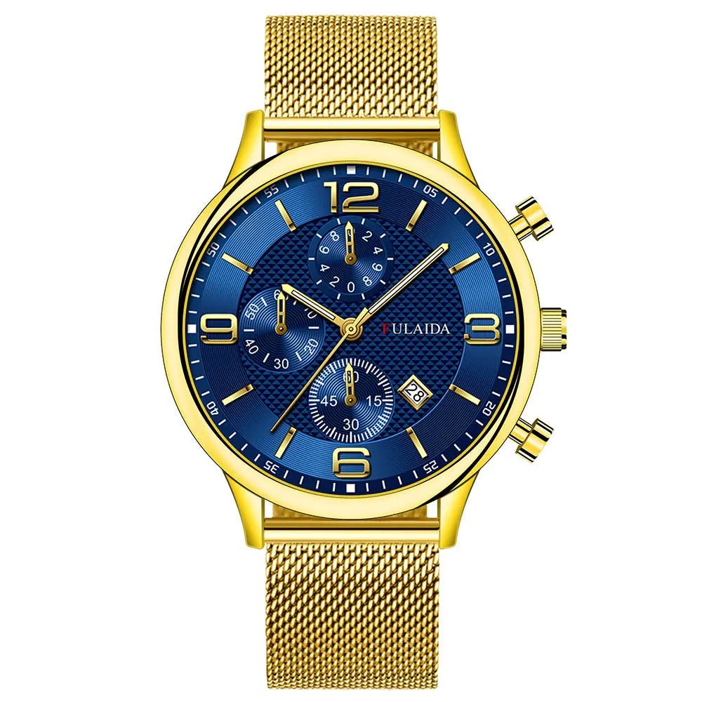 Mesh Strap Calendar Quartz Simple Casual All-match Men's Watch Gold Shell And Blue Surface