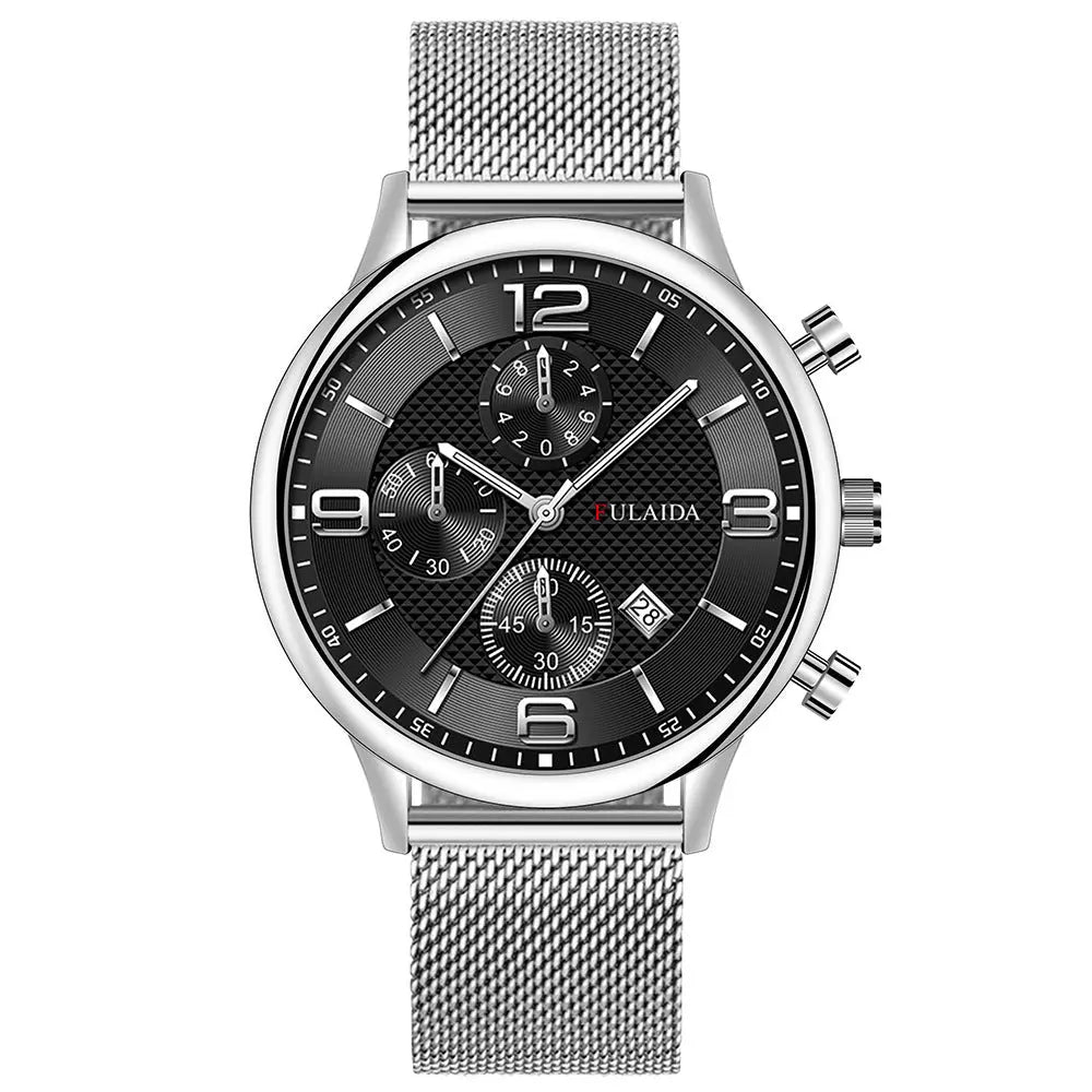 Mesh Strap Calendar Quartz Simple Casual All-match Men's Watch Silver Case Black Noodles