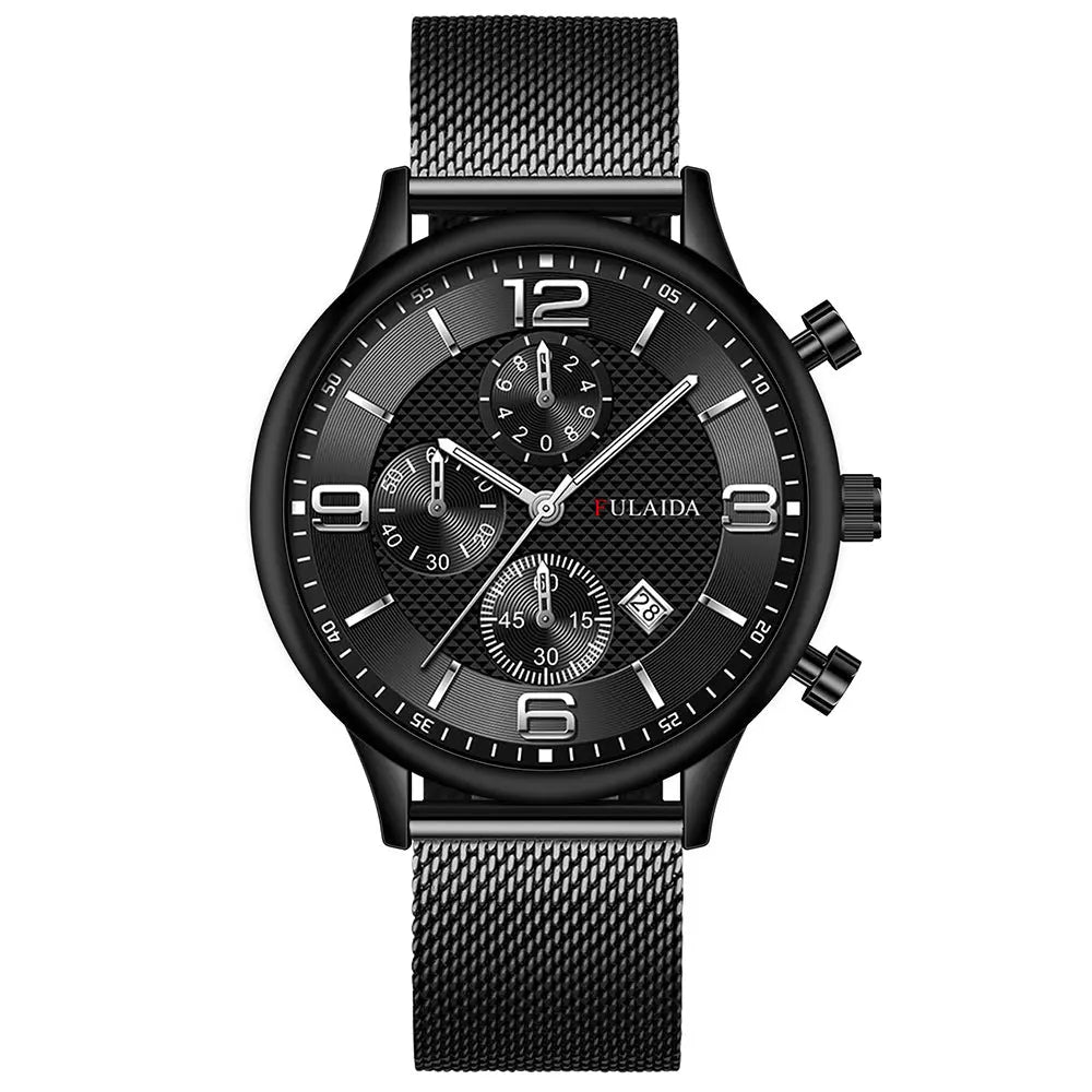 Mesh Strap Calendar Quartz Simple Casual All-match Men's Watch Black Shell Silver Needle