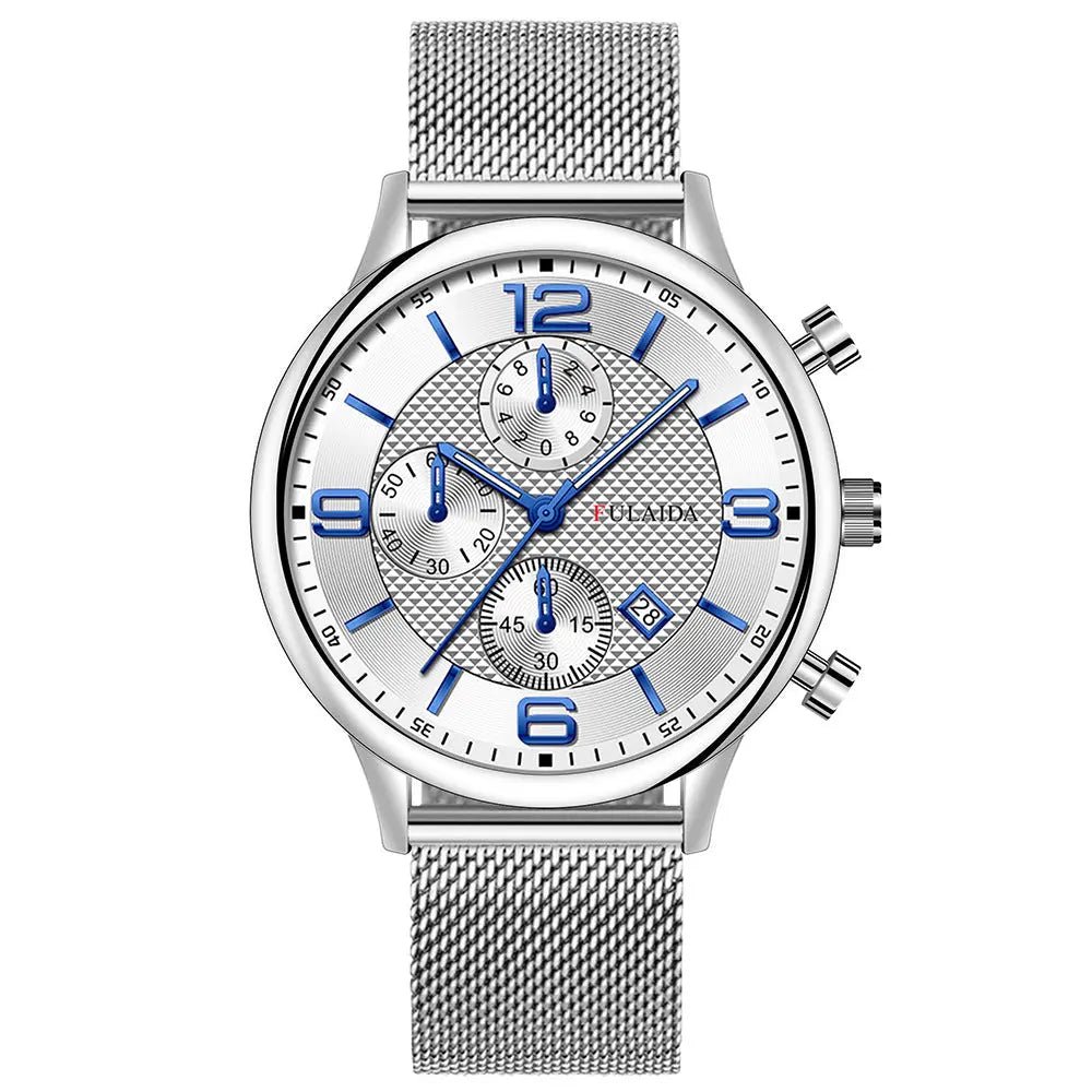 Mesh Strap Calendar Quartz Simple Casual All-match Men's Watch Silver Case White Noodles