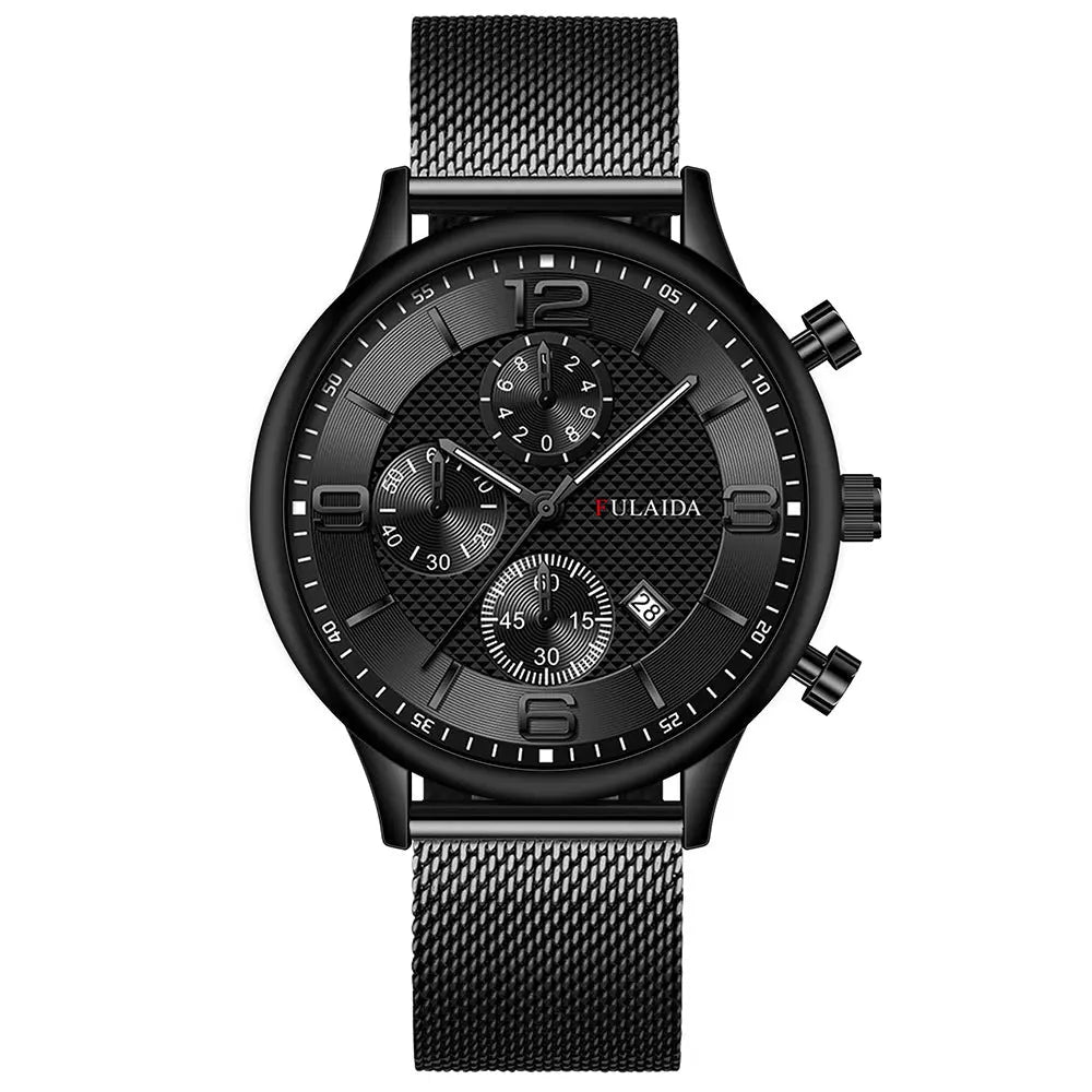 Mesh Strap Calendar Quartz Simple Casual All-match Men's Watch Black Shell Black Surface