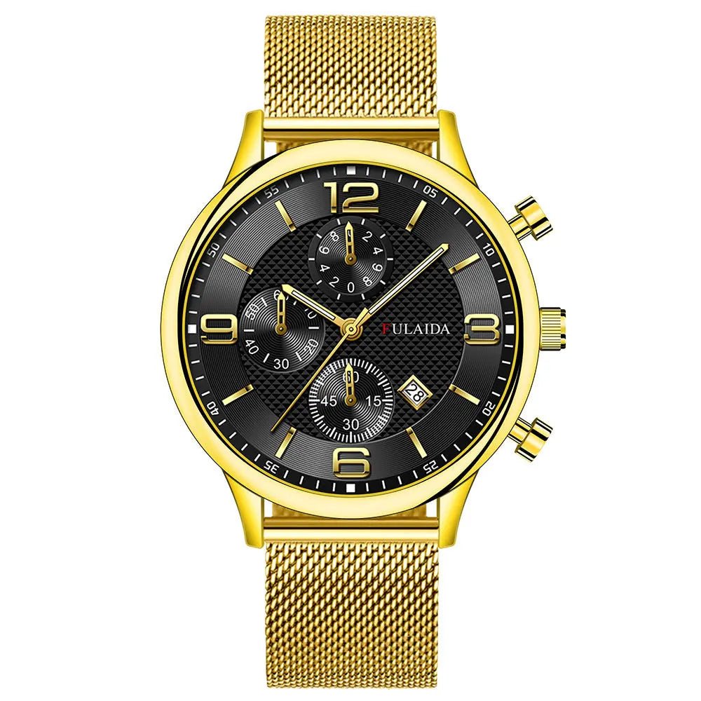 Mesh Strap Calendar Quartz Simple Casual All-match Men's Watch Gold Shell Black Surface