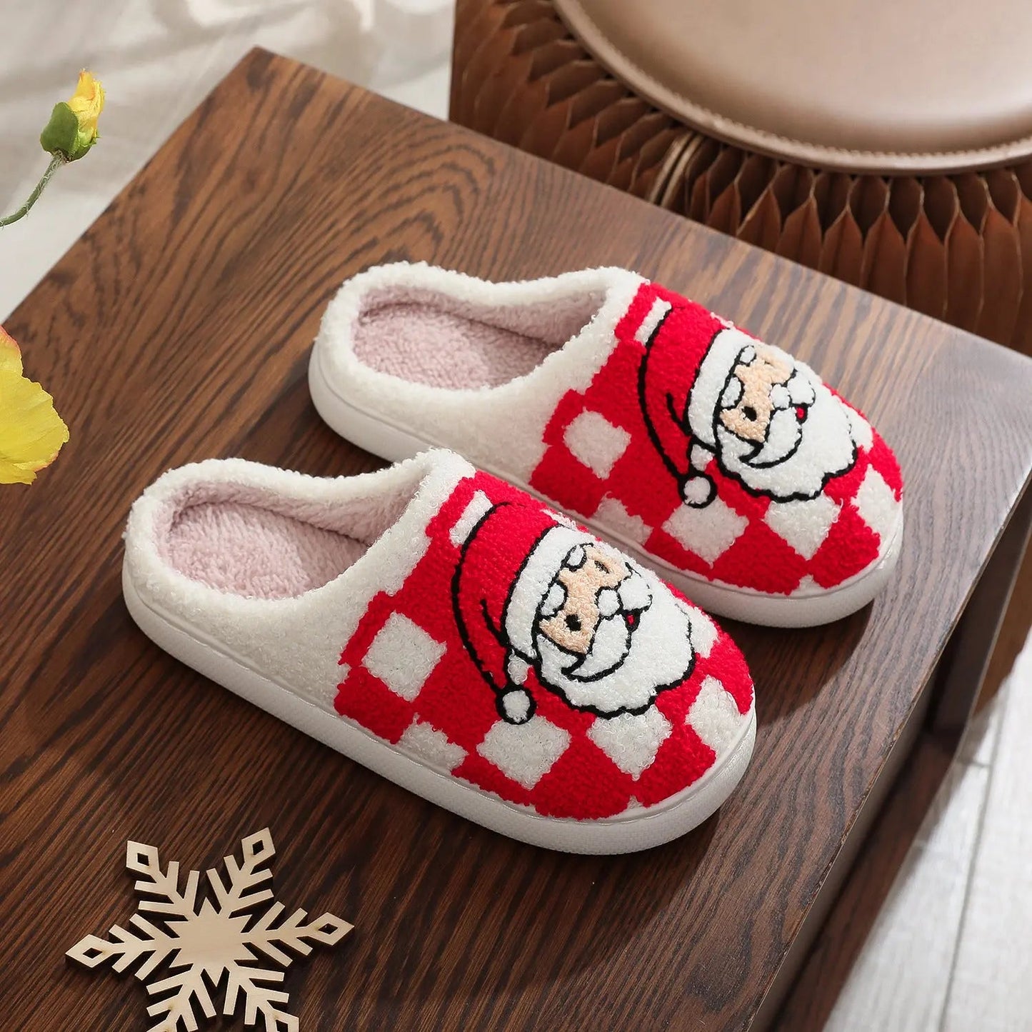 New Christmas Plaid Santa Claus Slippers Winter Indoor Non-slip Floor Bedroom Fuzzy House Shoes For Women Home Slipper Red