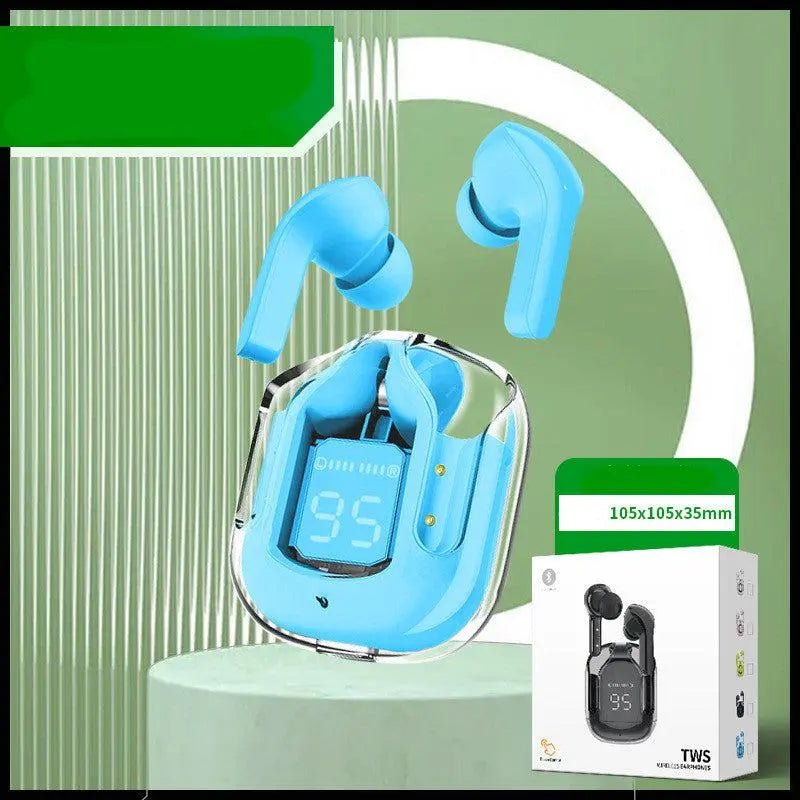 New Mini Transparent Wireless Bluetooth Headset Digital Display ENC Noise Reduction True Wireless Sports Music Neutral box blue