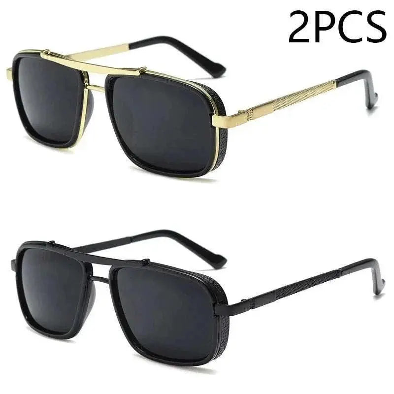 New Sunglasses Punk Sunglasses New Men's Square Uv400 Twin-beam Aviator Sunglasses 2pcs Gold Black