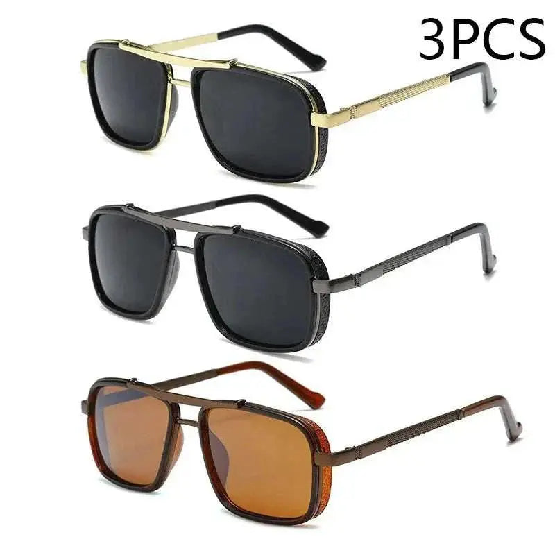 New Sunglasses Punk Sunglasses New Men's Square Uv400 Twin-beam Aviator Sunglasses 3pcsGold Gery Brown