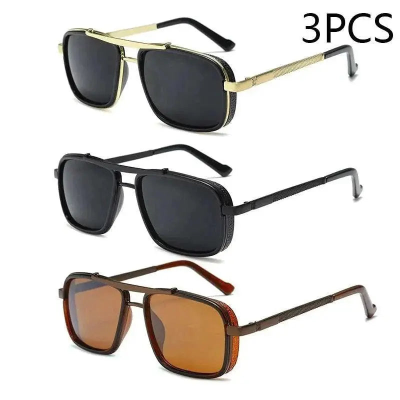 New Sunglasses Punk Sunglasses New Men's Square Uv400 Twin-beam Aviator Sunglasses 3pcsGold Black Brown