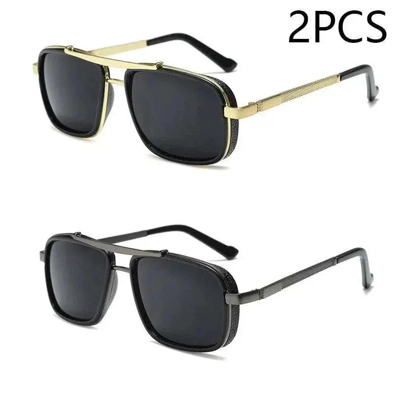 New Sunglasses Punk Sunglasses New Men's Square Uv400 Twin-beam Aviator Sunglasses 2pcs Gold Gery