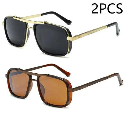New Sunglasses Punk Sunglasses New Men's Square Uv400 Twin-beam Aviator Sunglasses 2pcs Gold Brown
