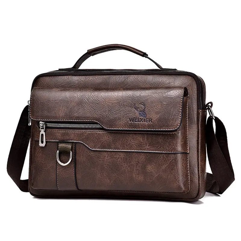 Popular Men's Messenger Bag One Shoulder Retro Business Backpack PU Leather Flaps Crossbody Bags Business Flap Male Solid Travel Bag Horizontal Style Dark Brown