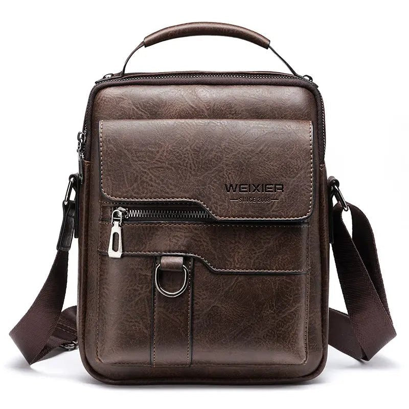 Popular Men's Messenger Bag One Shoulder Retro Business Backpack PU Leather Flaps Crossbody Bags Business Flap Male Solid Travel Bag Dark Brown