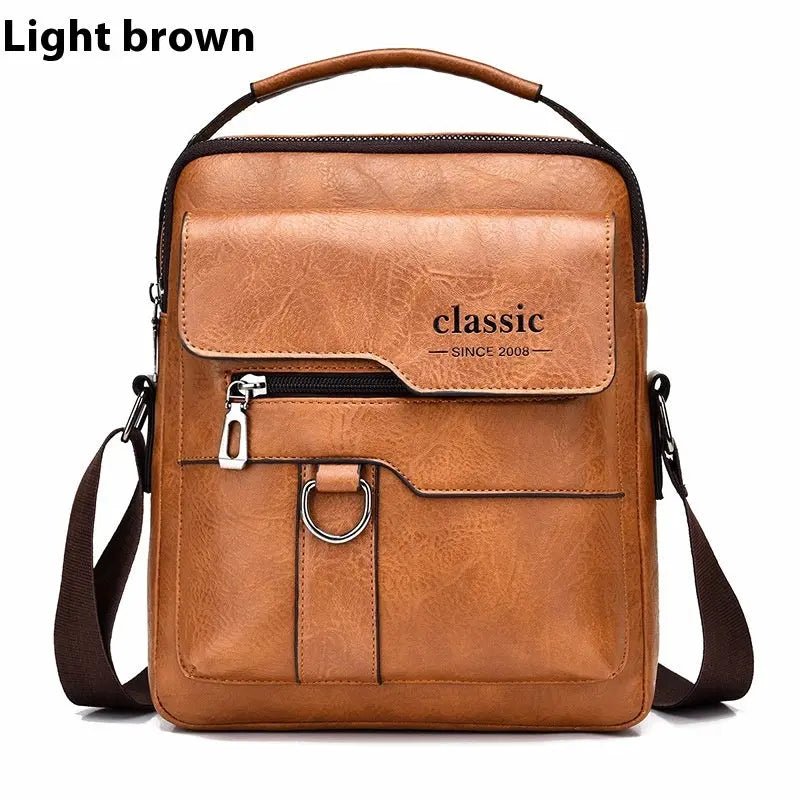 Popular Men's Messenger Bag One Shoulder Retro Business Backpack PU Leather Flaps Crossbody Bags Business Flap Male Solid Travel Bag Light Brown Classic