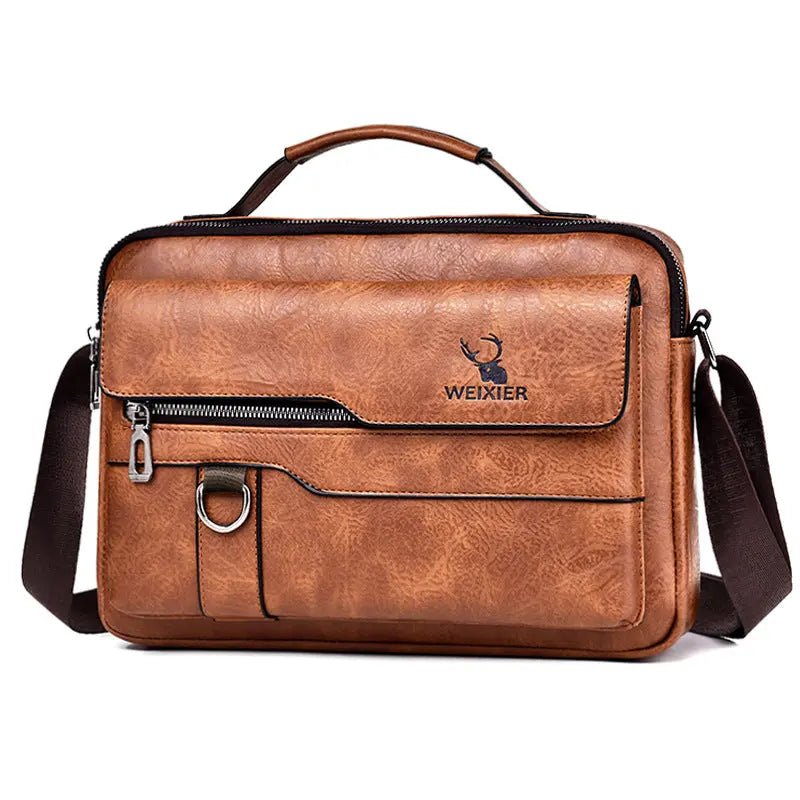 Popular Men's Messenger Bag One Shoulder Retro Business Backpack PU Leather Flaps Crossbody Bags Business Flap Male Solid Travel Bag Horizontal Style Light Brown