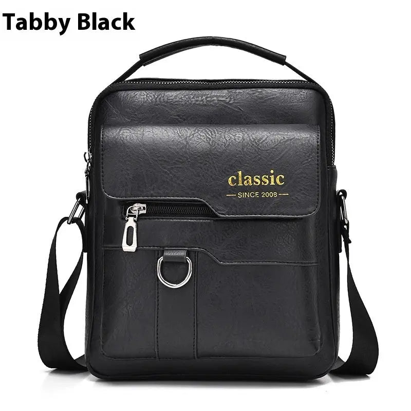 Popular Men's Messenger Bag One Shoulder Retro Business Backpack PU Leather Flaps Crossbody Bags Business Flap Male Solid Travel Bag Black Classic