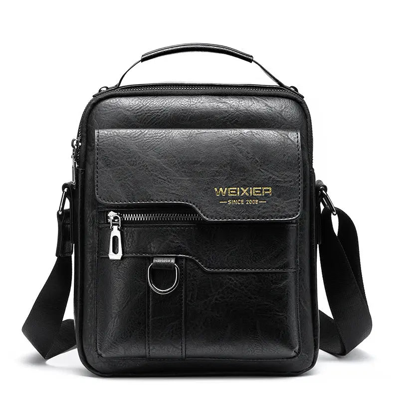 Popular Men's Messenger Bag One Shoulder Retro Business Backpack PU Leather Flaps Crossbody Bags Business Flap Male Solid Travel Bag Black