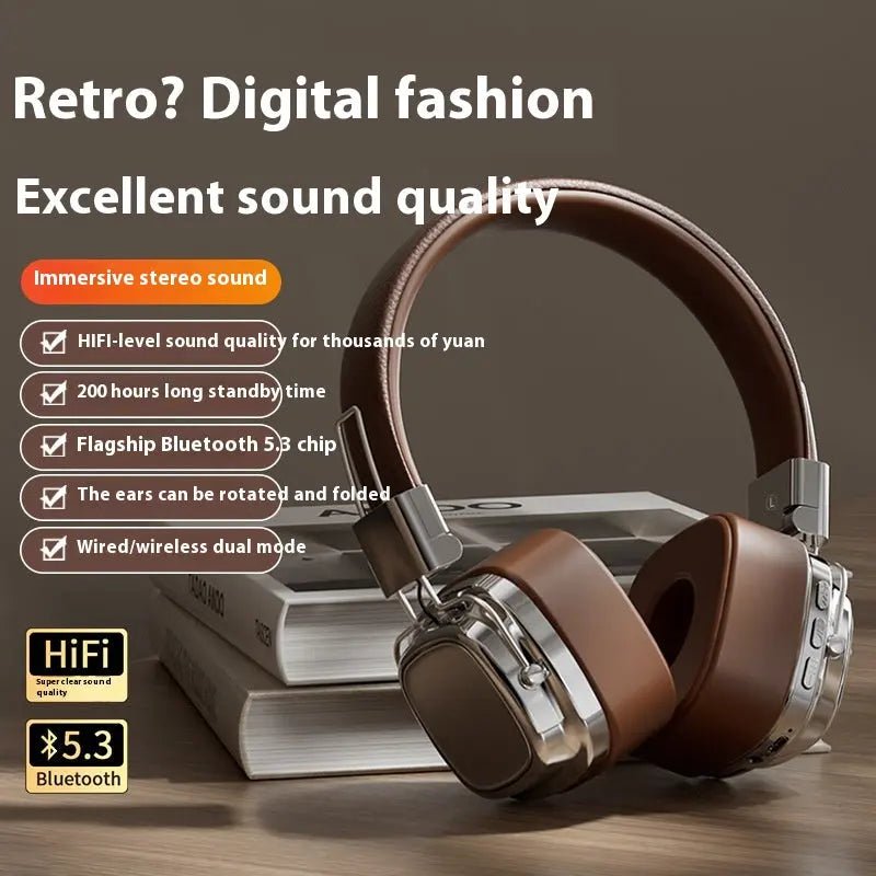 Retro Wireless Bluetooth-compatible 5.3 Head-mounted Dynamic Bass Boost Headset Silver Brown
