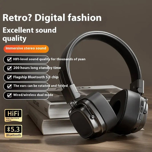 Retro Wireless Bluetooth-compatible 5.3 Head-mounted Dynamic Bass Boost Headset Cool Black