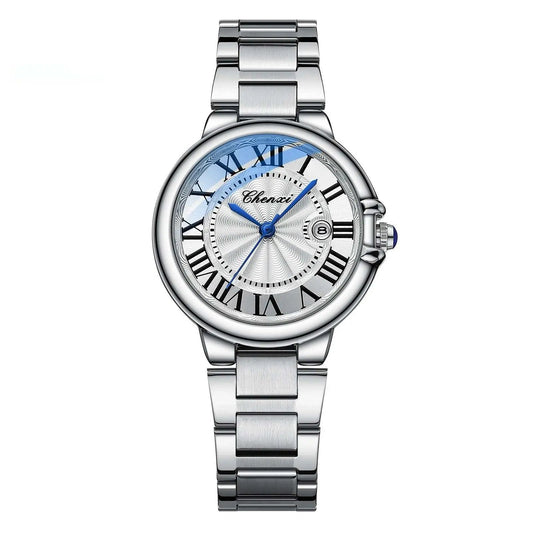 Roman Couple Watches Calendar Steel Belt Waterproof Luminous Classic Silver And White For Women