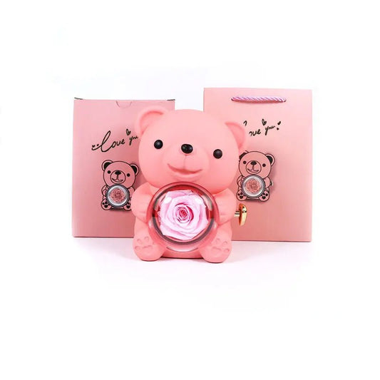 Rotating Bear Gift Box Rose Jewelry Box pink 12xx13x15.5cm