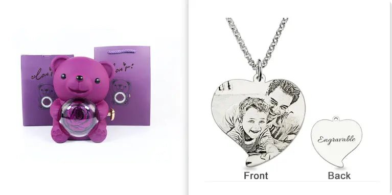 Rotating Bear Gift Box Rose Jewelry Box Purple set2 12xx13x15.5cm