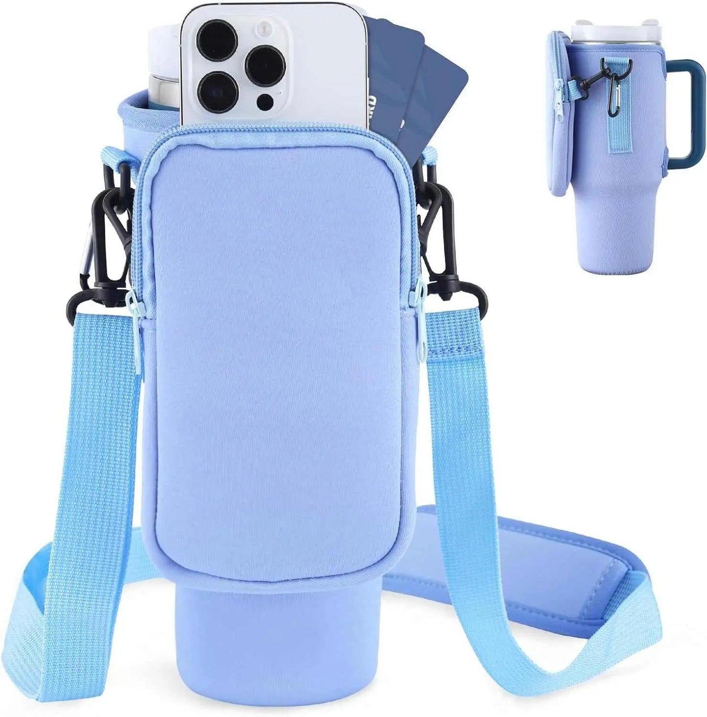 Slok Water Bottle Carrier Bag, Compatible With 40oz Tumbler With Handle, Modern Water Bottle Holder With Simple Adjustable Strap For Outdoor Walking Hiking Travelling Sports-Blue Purple Light Blue