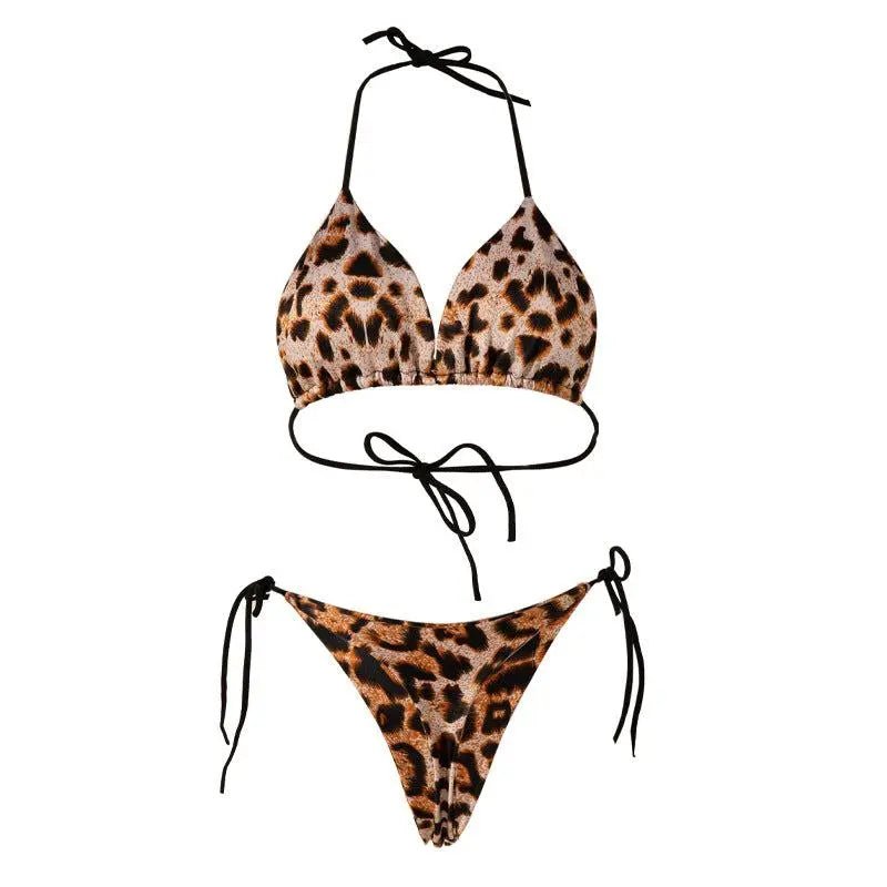 Solid Color Lace-up Bikini Three-point T-back Swimsuit Suit With Chest Pad Beach Womens Clothing Leopard With Chest Pad