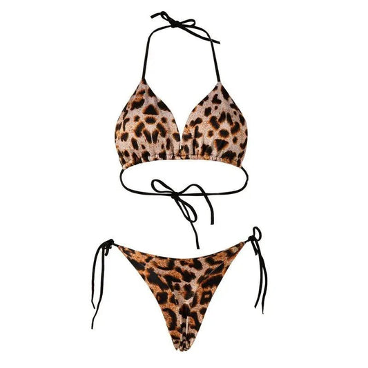 Solid Color Lace-up Bikini Three-point T-back Swimsuit Suit With Chest Pad Beach Womens Clothing Leopard With Chest Pad