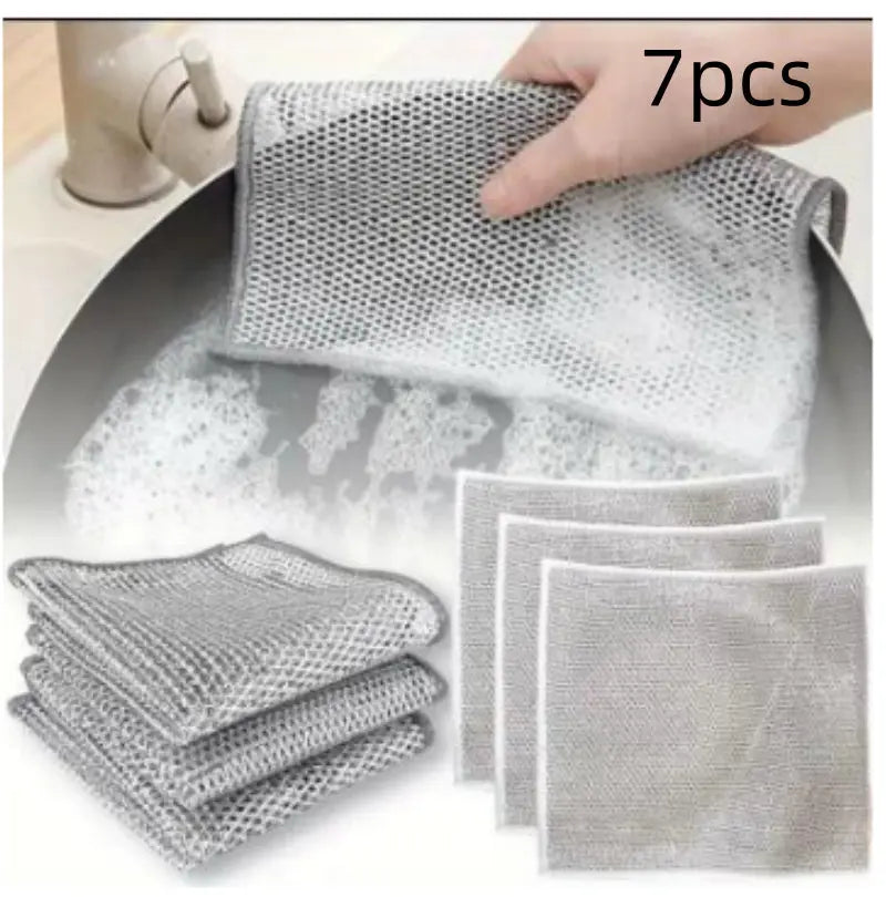 Steel Wire Ball Cloth Kitchen Cleaning Dishcloth Silver Silk Cloth 7pcs 20x20 Double Layer