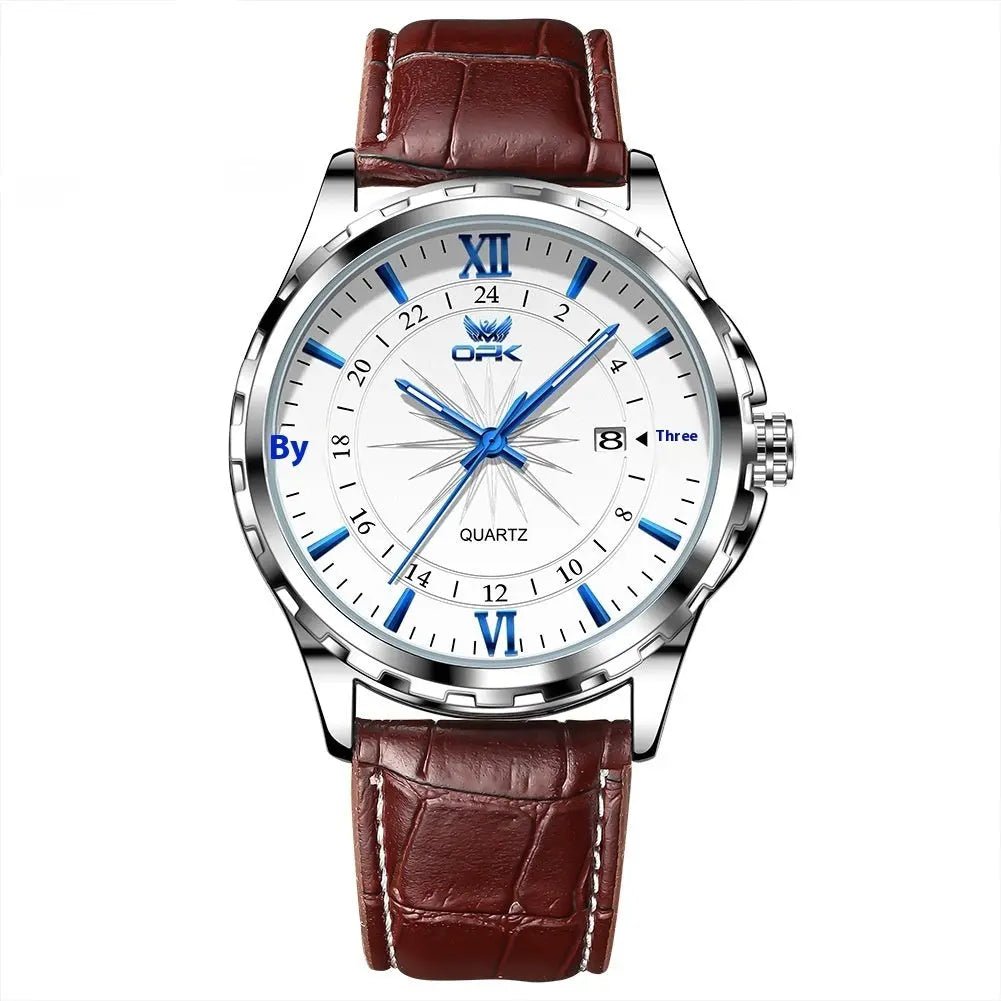 Waterproof Luminous Men's Watch Personality Quartz Brown Leather Blue Nail
