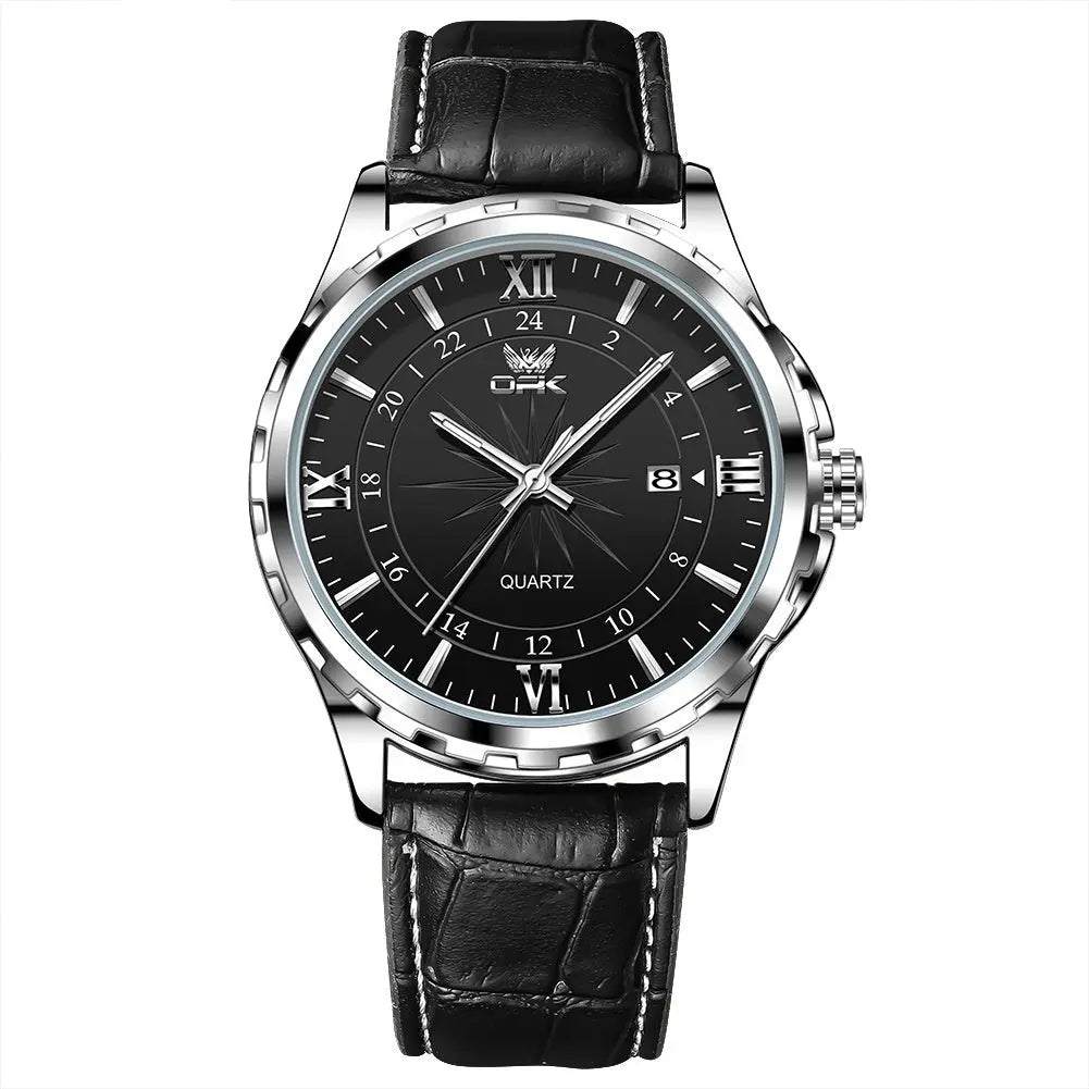 Waterproof Luminous Men's Watch Personality Quartz Black Leather Black Surface