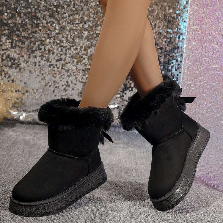 Winter Snow Boots With Bowknot Fashion Round Toe Flat Thickened Suede Cotton Shoes For Women Casual Warm Plush Short Boot Black