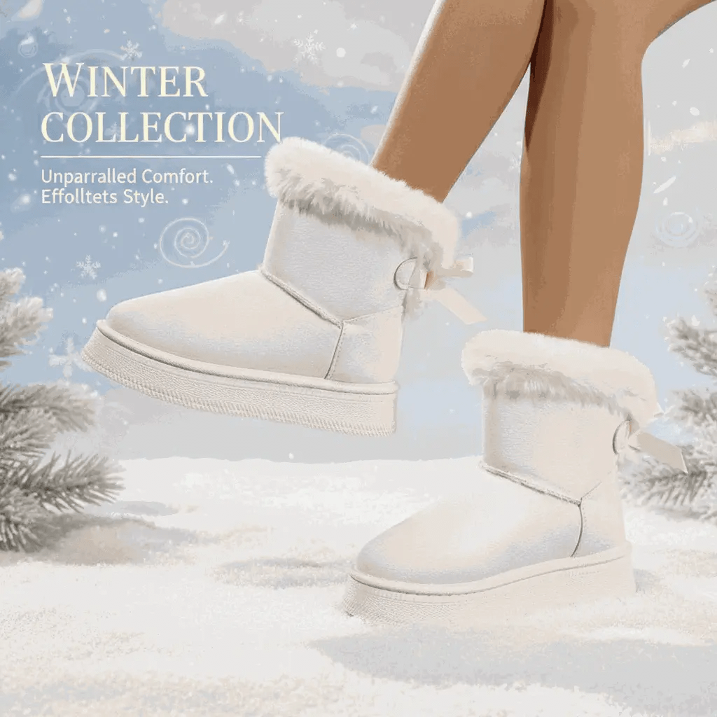 Winter Snow Boots With Bowknot Fashion Round Toe Flat Thickened Suede Cotton Shoes For Women Casual Warm Plush Short Boot