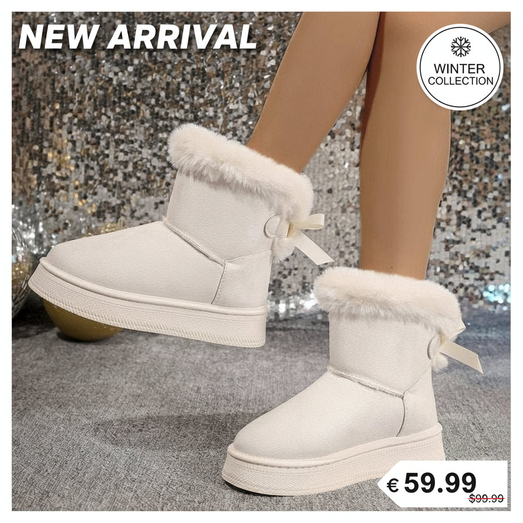 Winter Snow Boots With Bowknot Fashion Round Toe Flat Thickened Suede Cotton Shoes For Women Casual Warm Plush Short Boot Beige