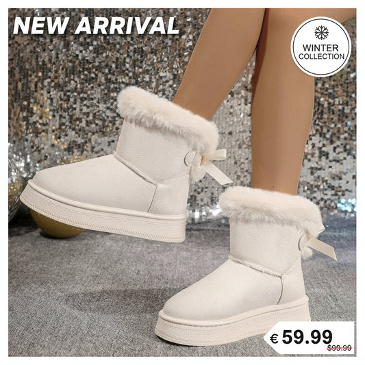 Winter Snow Boots With Bowknot Fashion Round Toe Flat Thickened Suede Cotton Shoes For Women Casual Warm Plush Short Boot Beige