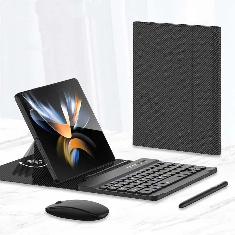 Wireless Keyboard Folding Leather Case Folding Mobile Phone Creative Holder Bluetooth Mouse Carbon grain Samsung Fold