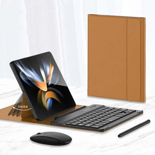 Wireless Keyboard Folding Leather Case Folding Mobile Phone Creative Holder Bluetooth Mouse Brown Samsung Fold